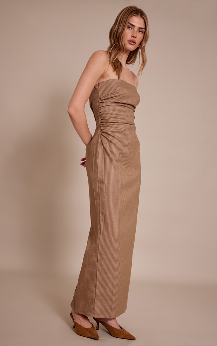 Robe bustier longue gris pierre froncée à fines rayures image 3