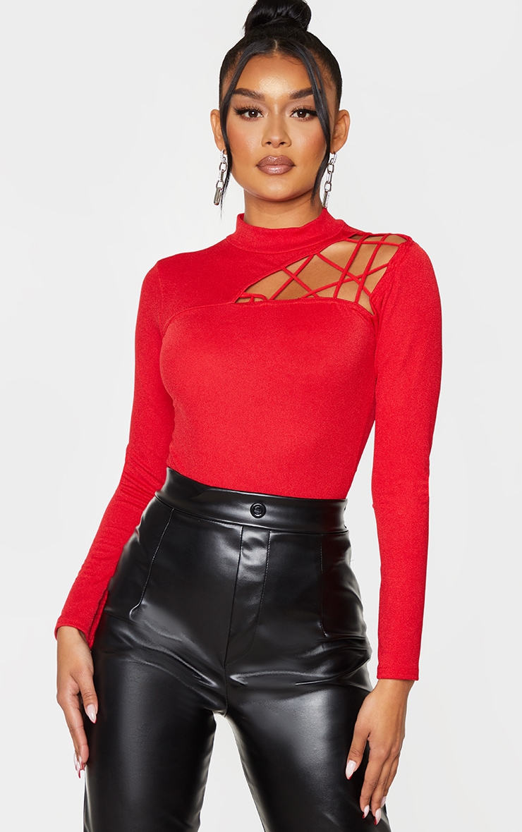 Red Cut Out Detail Crepe Bodysuit