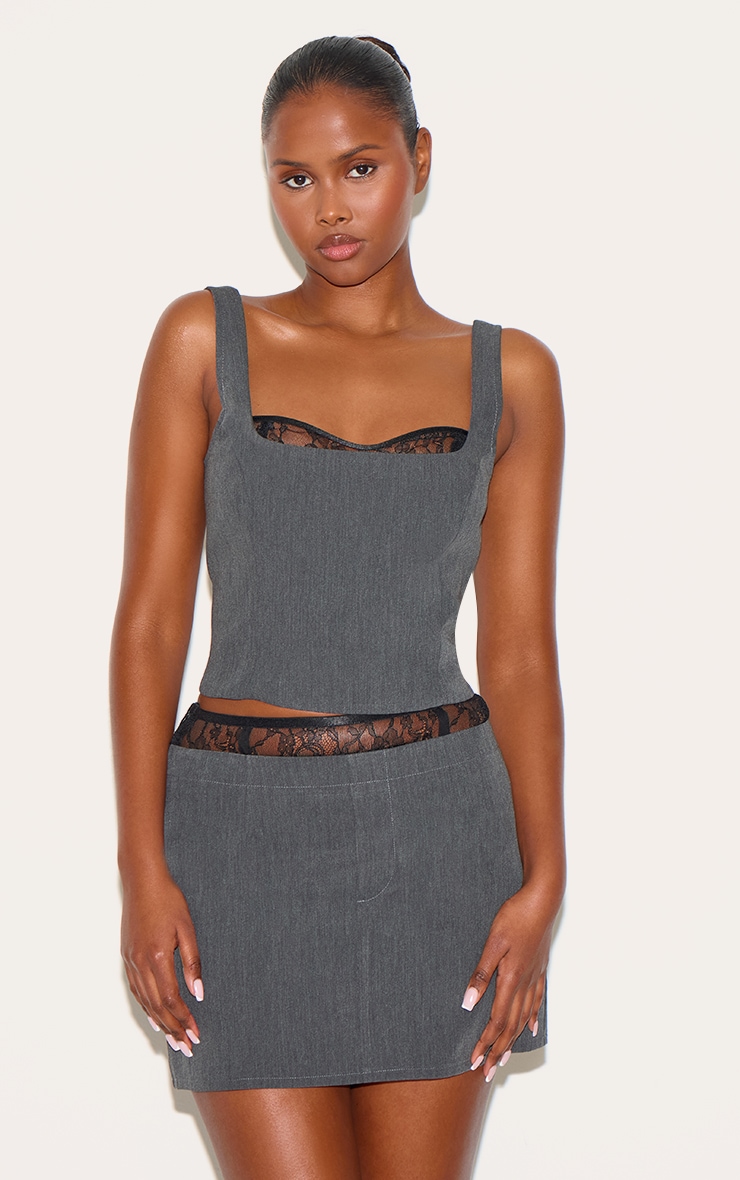 Black Lace Detail Corset Woven Crop Top