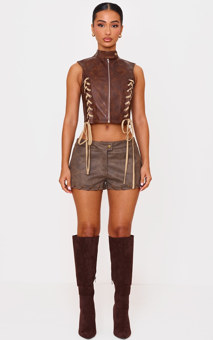 Petite Chocolate Faux Leather Lace Up Detail Zip Up Top image 3