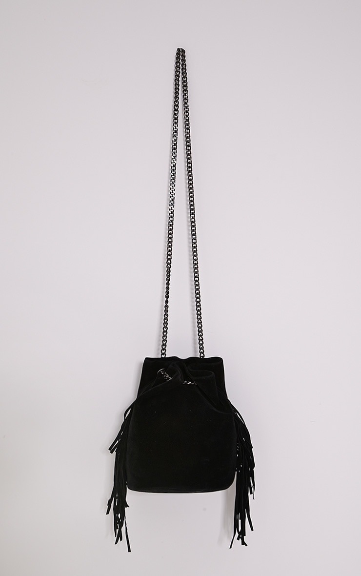Letty Black Suede Fringe Bucket Bag PrettyLittleThing