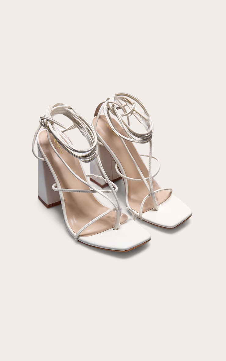 White PU Toe Detail Lace Up High Block Heeled Sandals image 3