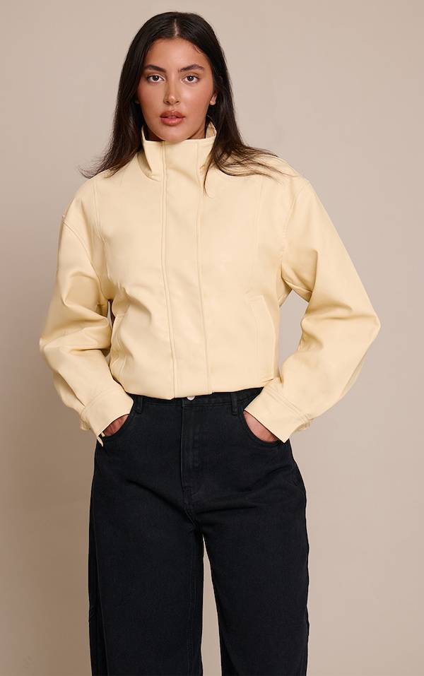 Butter Yellow Funnel Neck Concealed Placket Biker Jacket