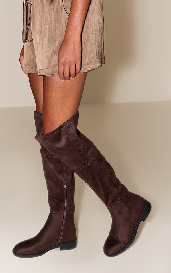 Chocolate Faux Suede Round Toe Riding Knee High Boot