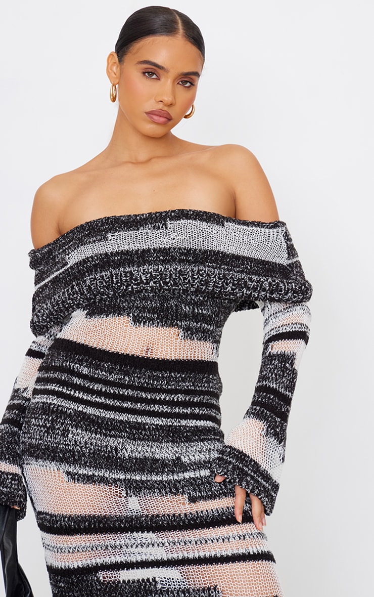 Monochrome Contrast Textured Knit Foldover Bardot Maxi Dress image 4