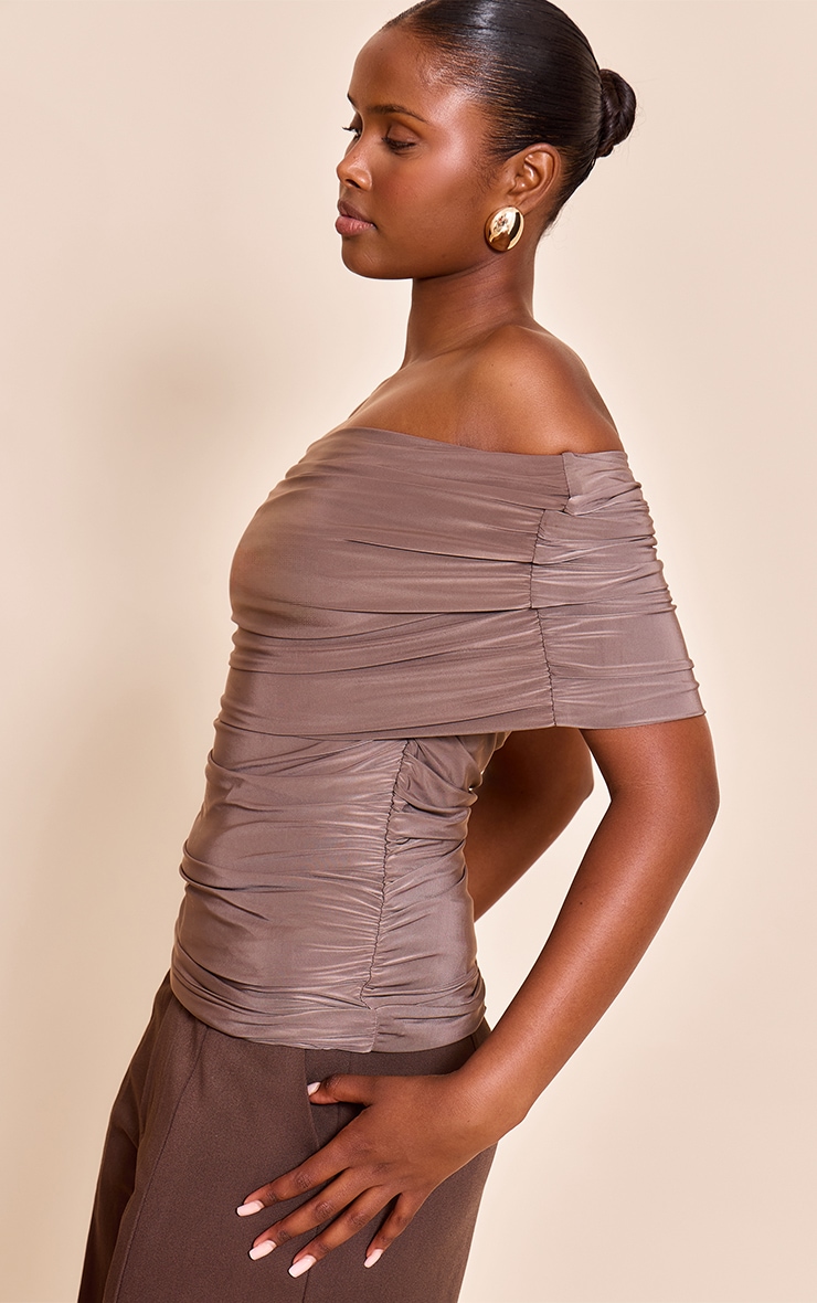 Mushroom Double Layer Slinky Ruched Bardot Long Top image 4