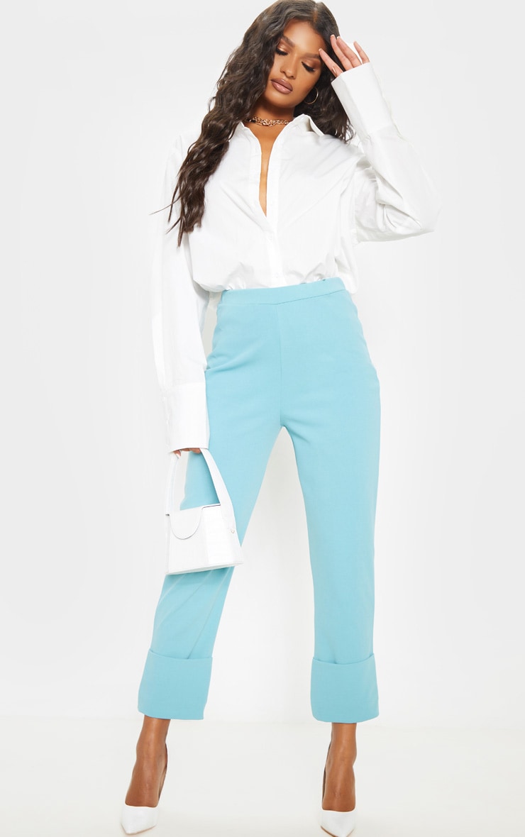 Dusty Turquoise Straight Leg Turn Up Trouser 1