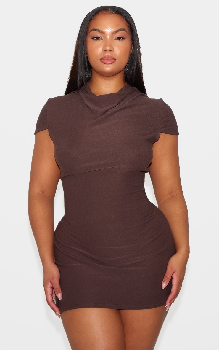 Chocolate Brown Soft Touch High Neck Cowl Bodycon Dress image 6