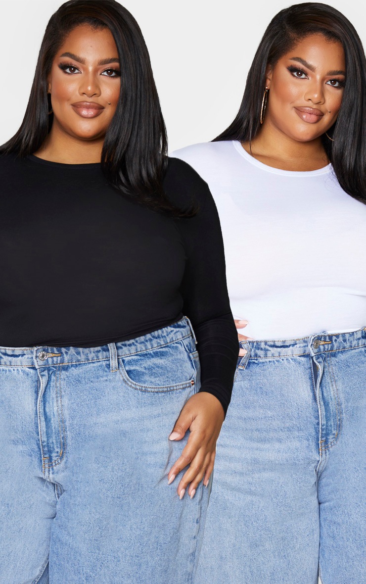 Plus Basic Black & White 2 Pack Long Sleeve Fitted T Shirt