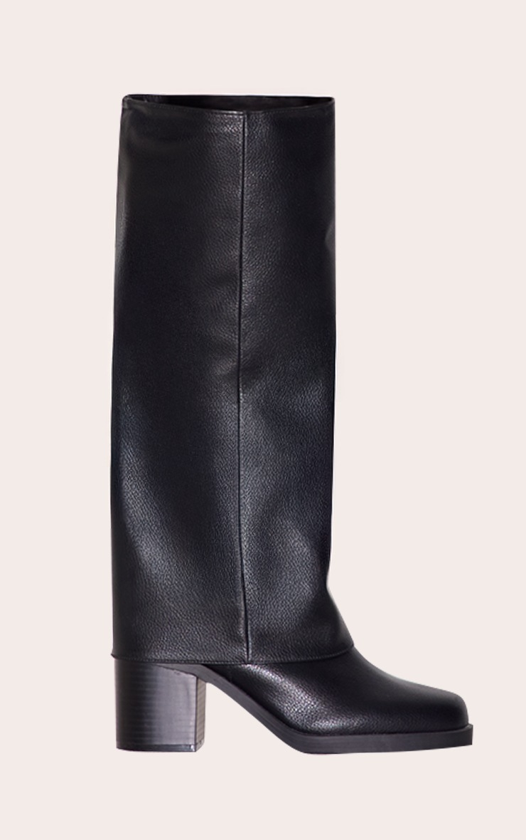 Nova' Fold Over Shark Block Heel Point Toe Boots In Brown Faux Leather