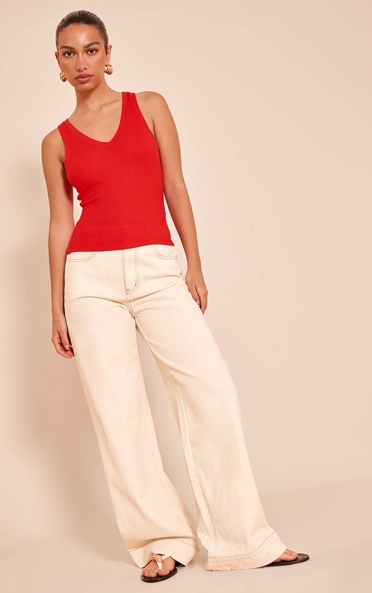 Tomato Red Soft Rib V Neck Vest Top image 3