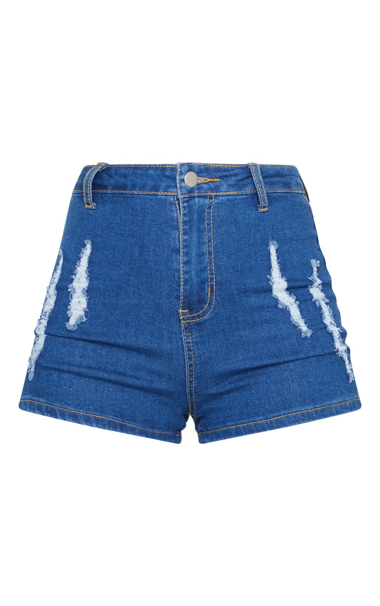 PRETTYLITTLETHING Mid Blue Wash Distress Denim Disco Shorts image 6