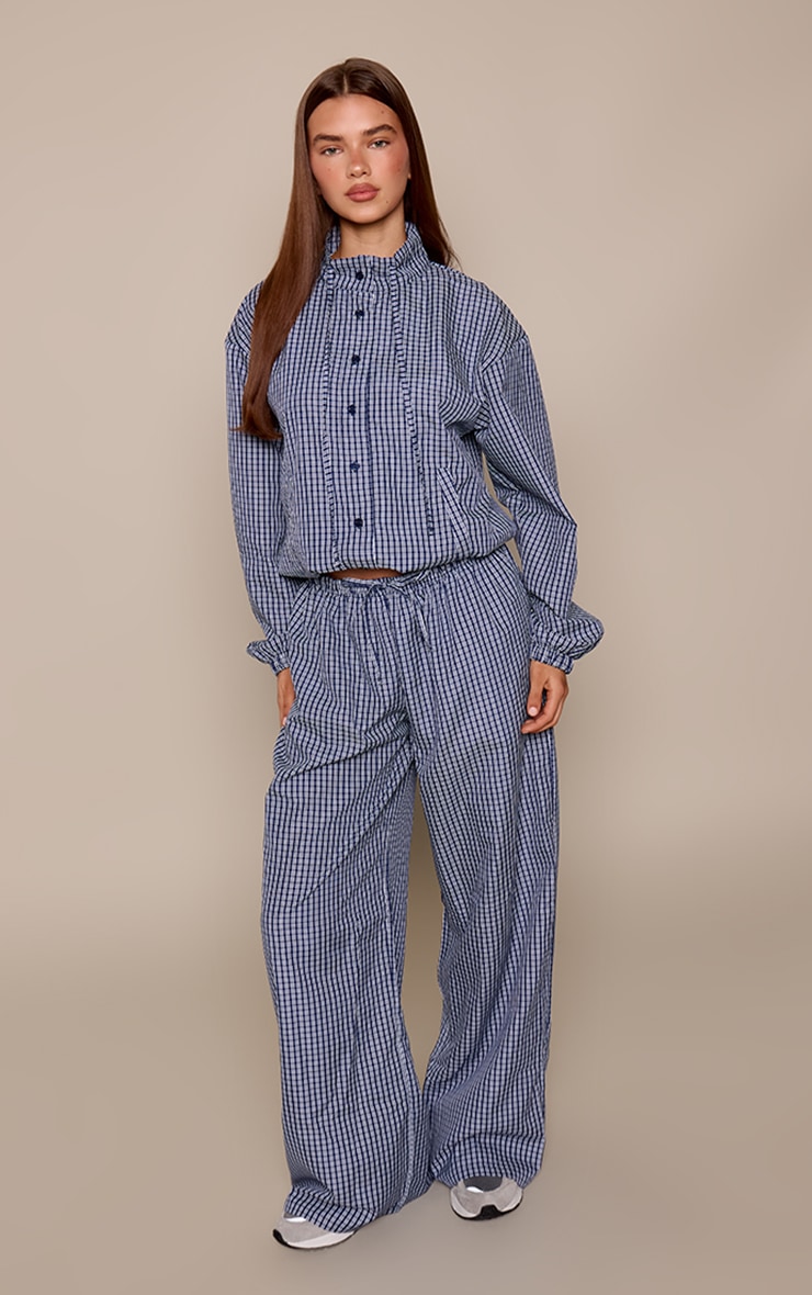 Navy Checked Print Funnel Neck Elasticated Waist Shirt image 3