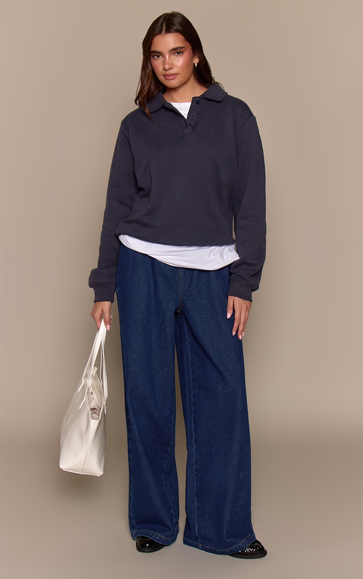 Navy Cotton Fleece Polo Sweatshirt image 3