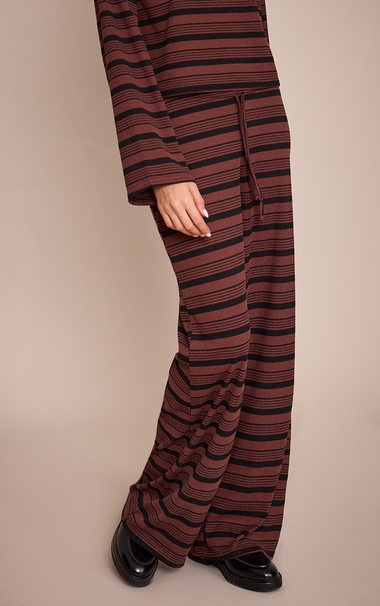 Chocolate Textured Stripe Drawstring Wide Leg Trouser image 2