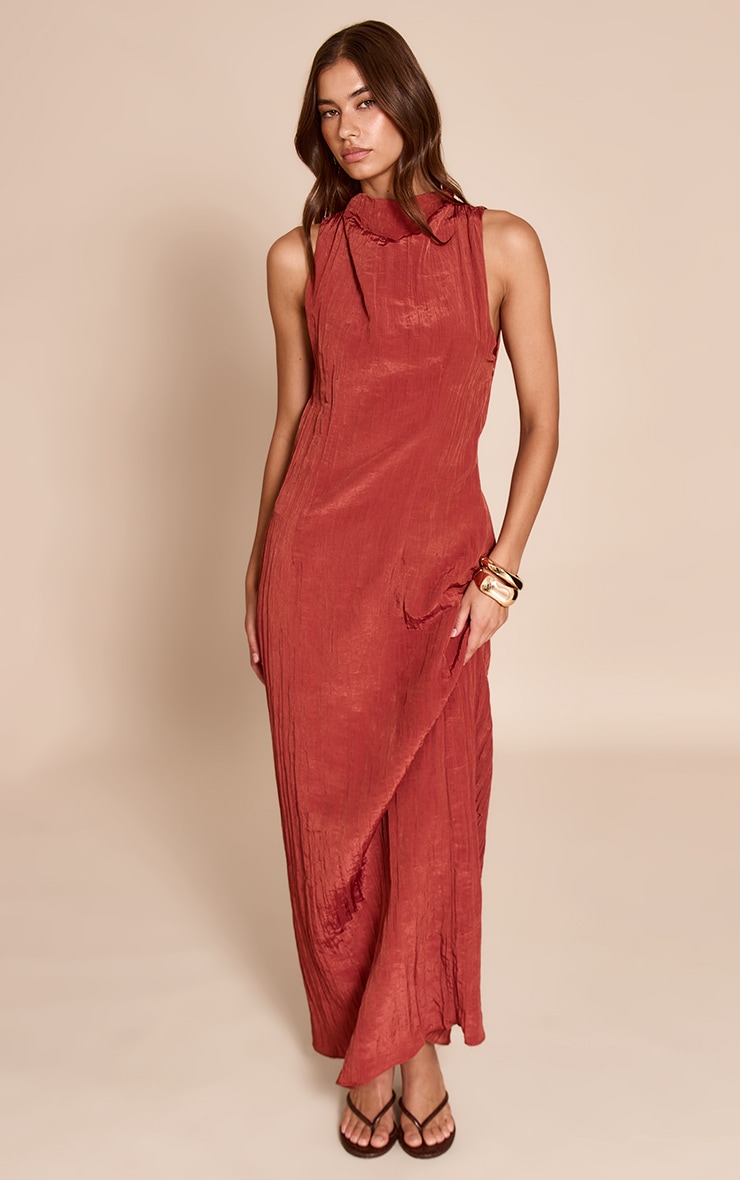 Rust Textured Ruched Maxi Dress image 3