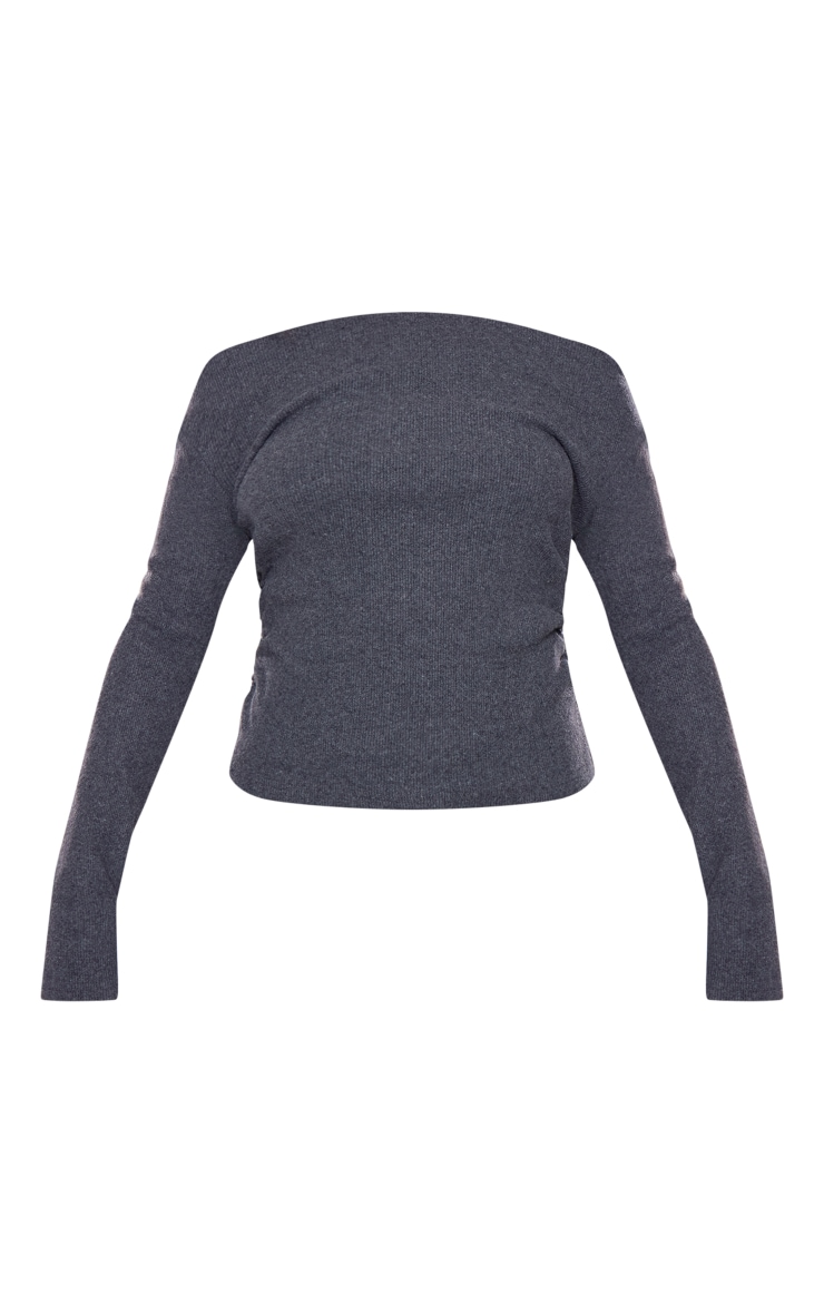 Charcoal Brushed Rib Bardot Long Sleeved Top image 5