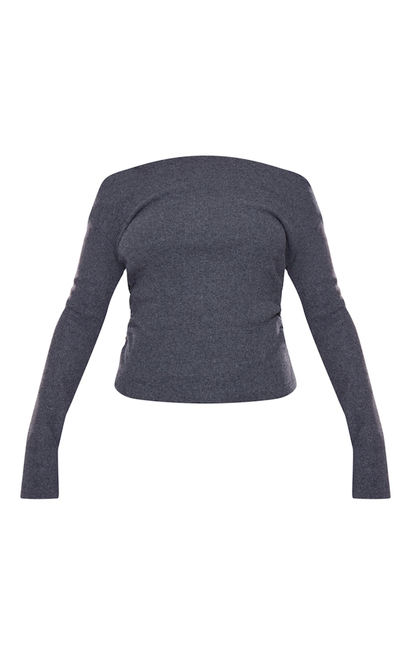 Charcoal Brushed Rib Bardot Long Sleeved Top