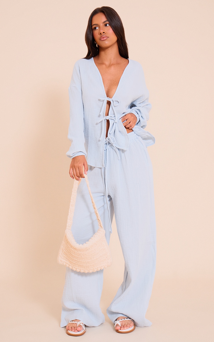 Petite Baby Blue Cheesecloth Textured Tie Front Shirt image 3