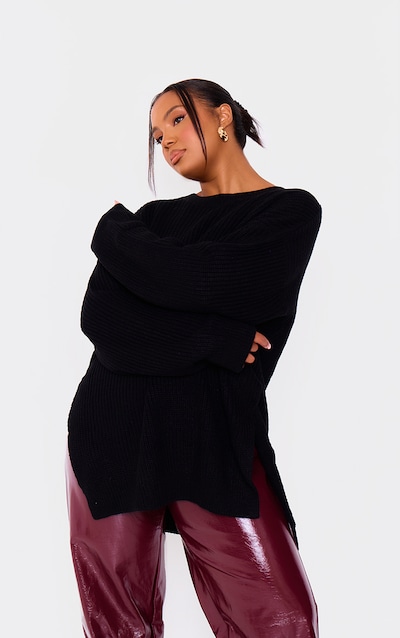 Plus Black Round Neck Side Split Jumper