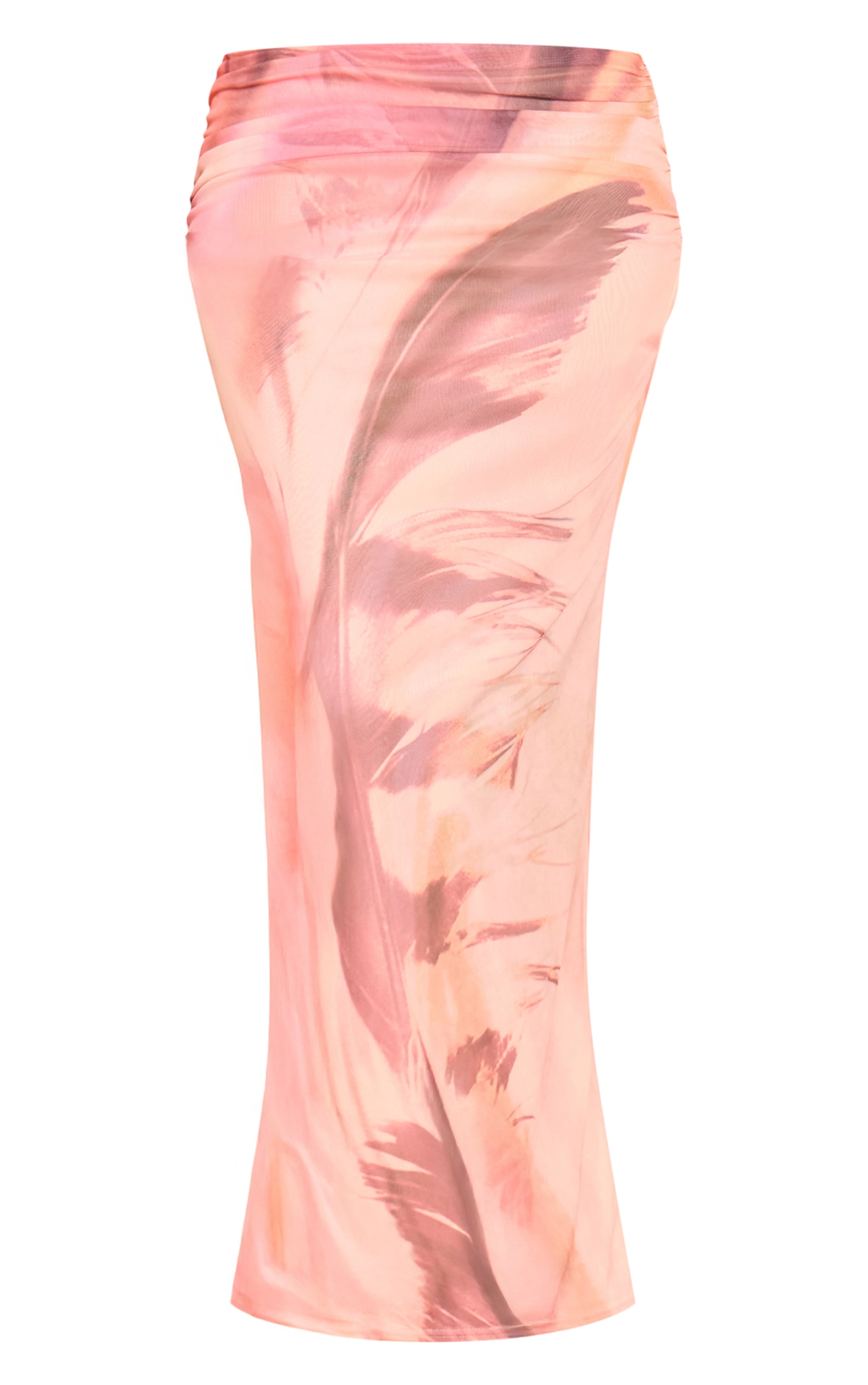 Pink Feather Print Mesh Ruched Maxi Skirt image 5