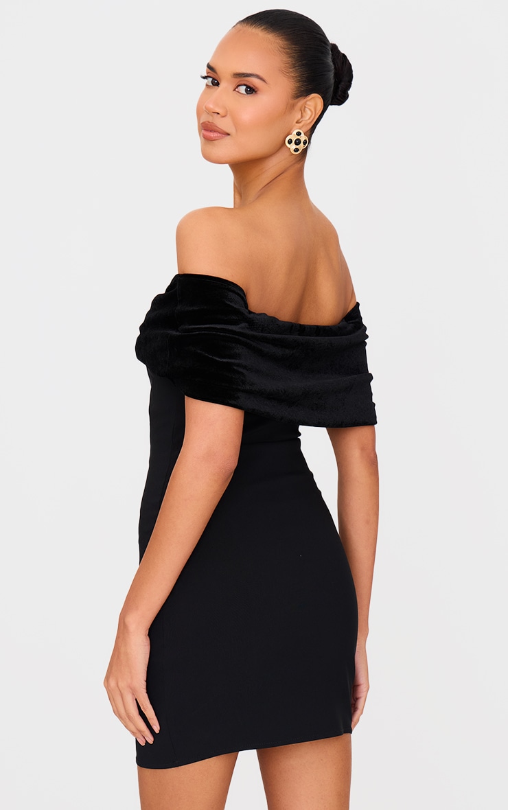 Black Stretch Woven Velvet Bow Bardot Mini Dress image 2