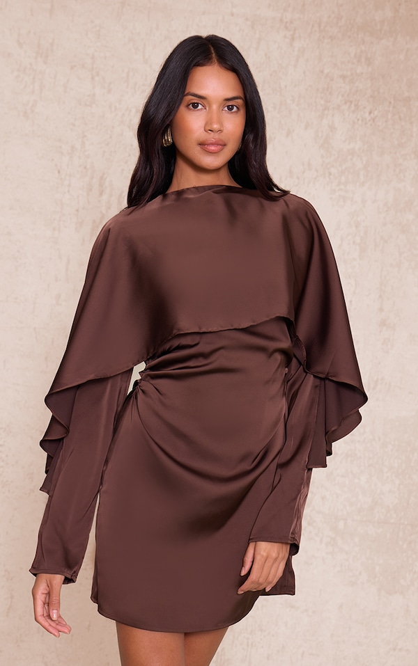 Dark Chocolate Satin Overlay Cape Detail Bodycon Dress