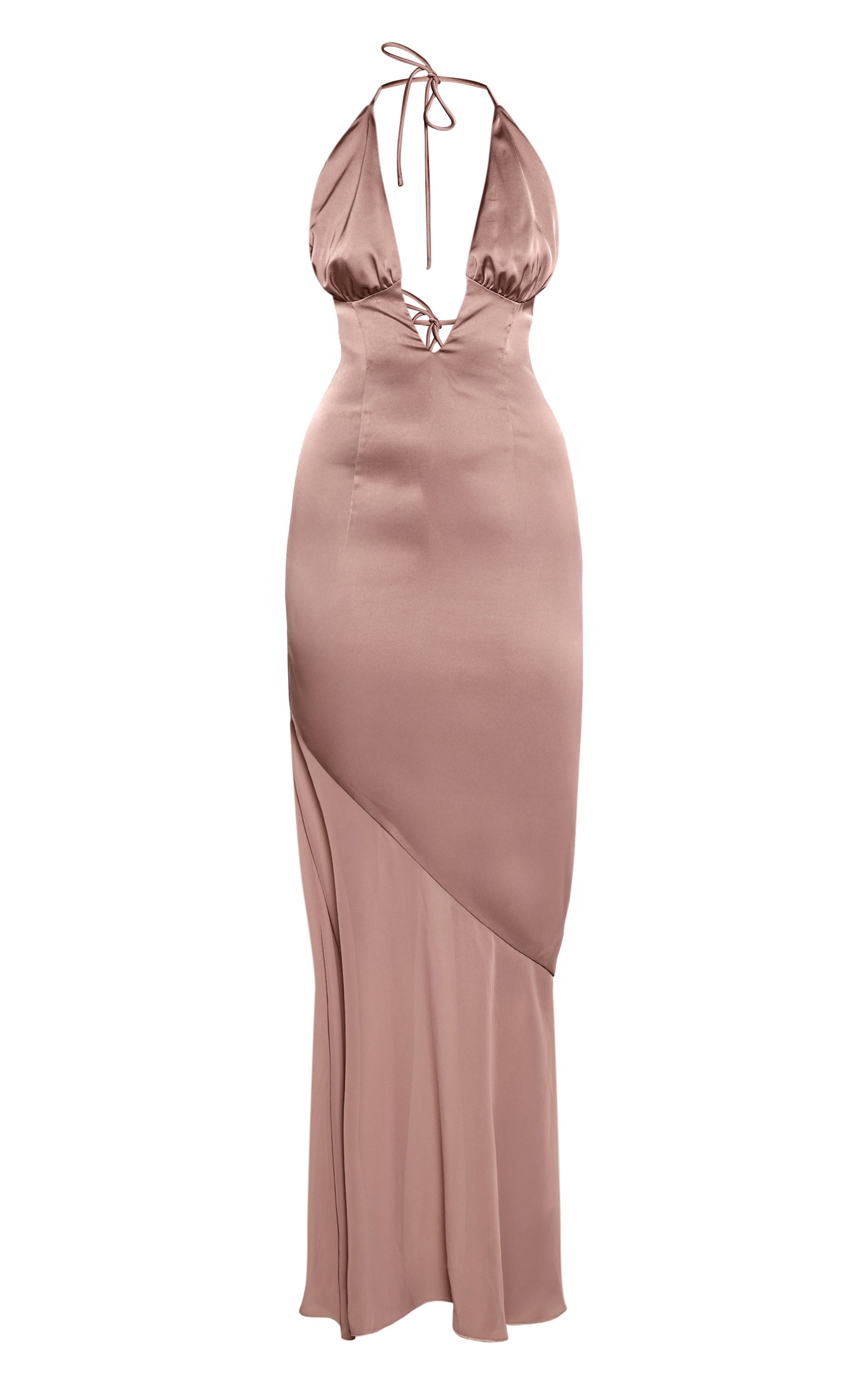 Taupe Satin Mesh Panel Tie Back Maxi Dress image 5