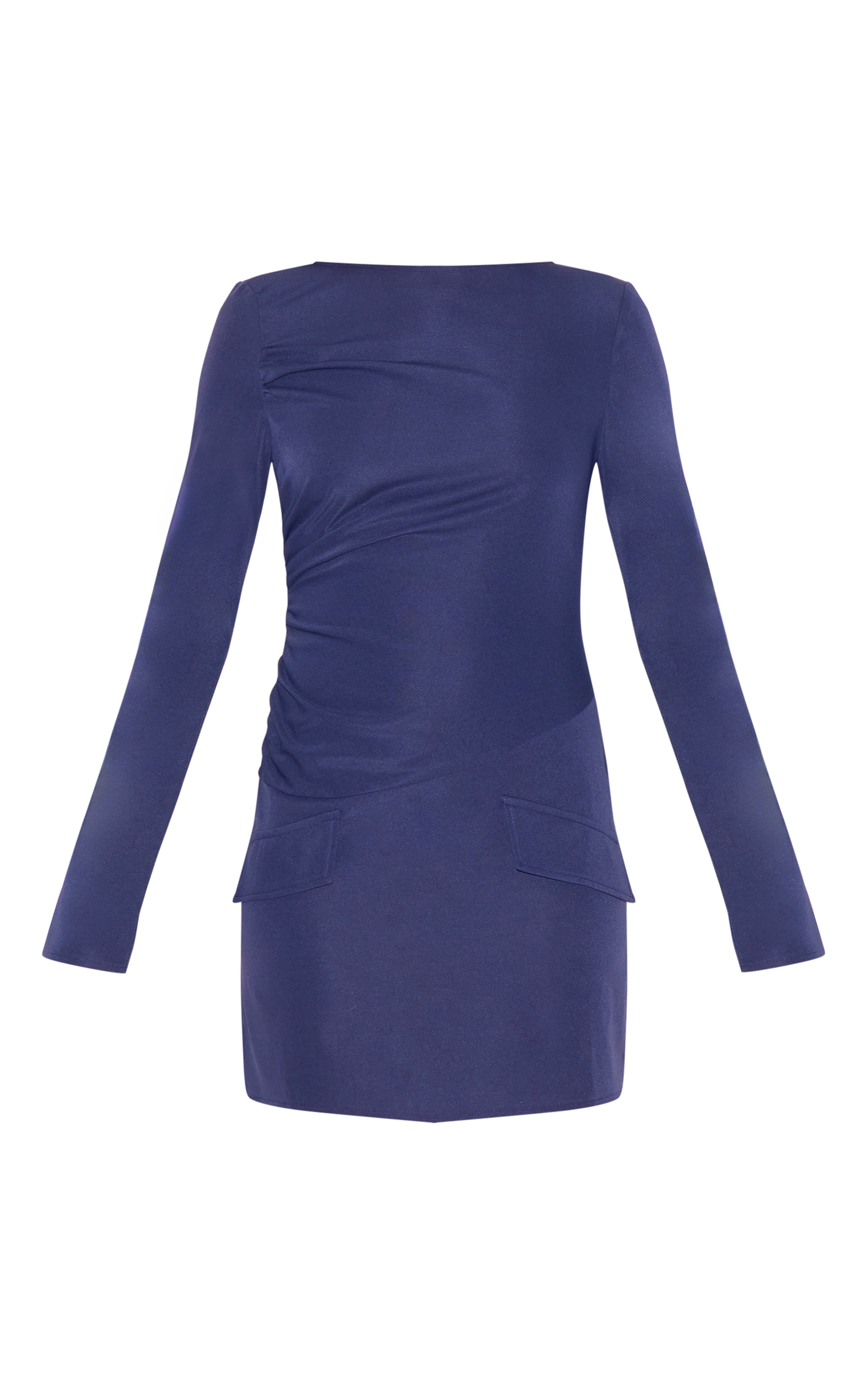 Robe de tailleur moulante tissée bleu marine à détails froncés et manches longues image 5