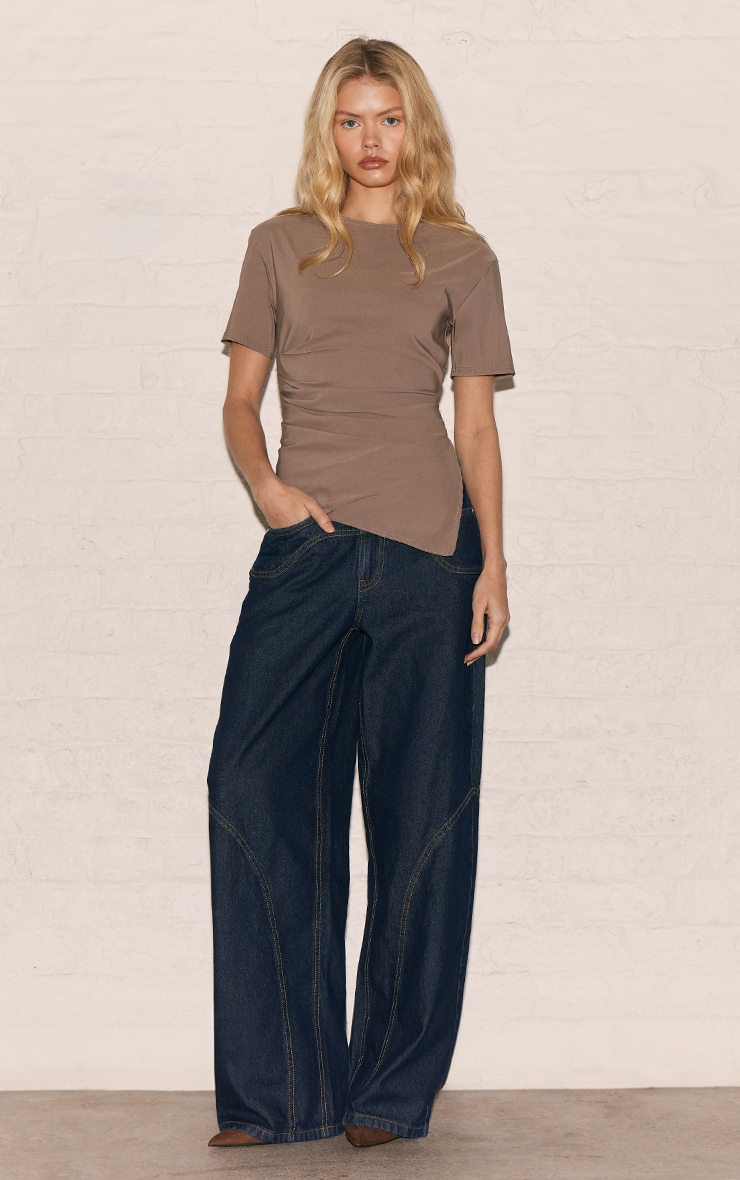 Taupe Bengaline Ruched Asymmetric Detail Long Top image 3
