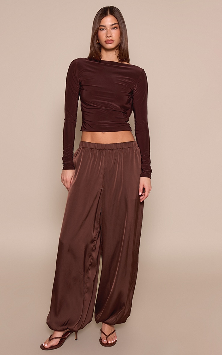Chocolate Brown Slinky Draped Asymmetric Open Back Long Sleeve Top image 3