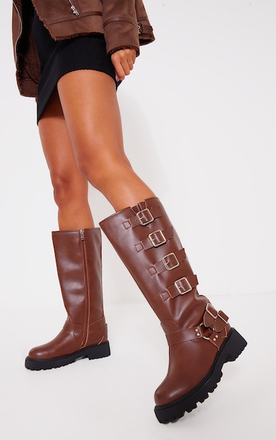 Brown Wide Fit PU Round Toe Multi Buckle Calf High Boots