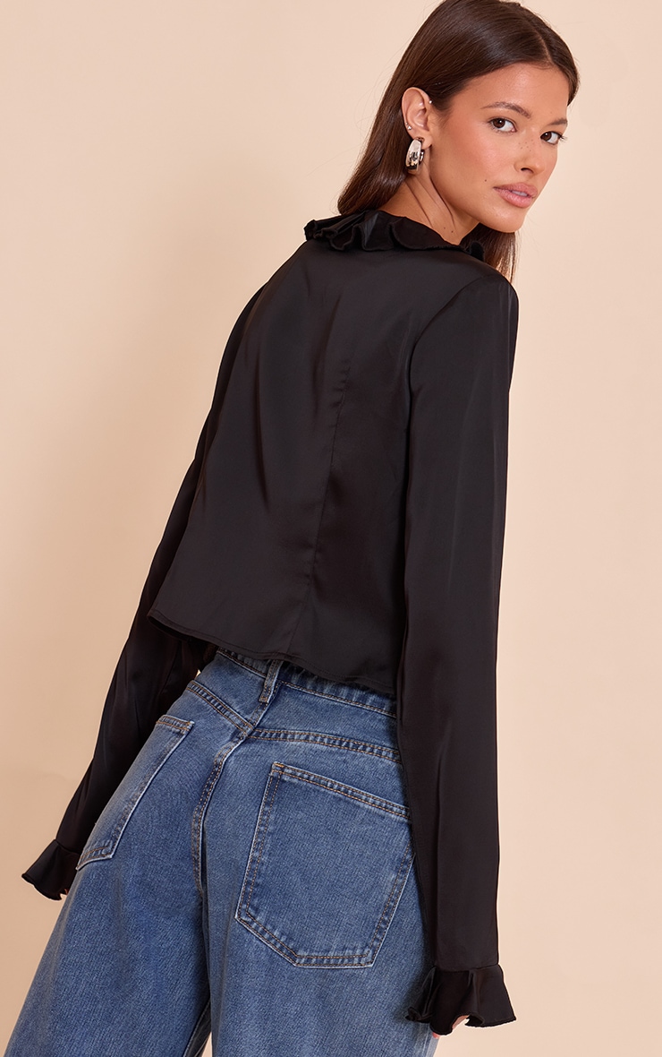 Black Satin Frill Tie Front Long Sleeve Top image 2