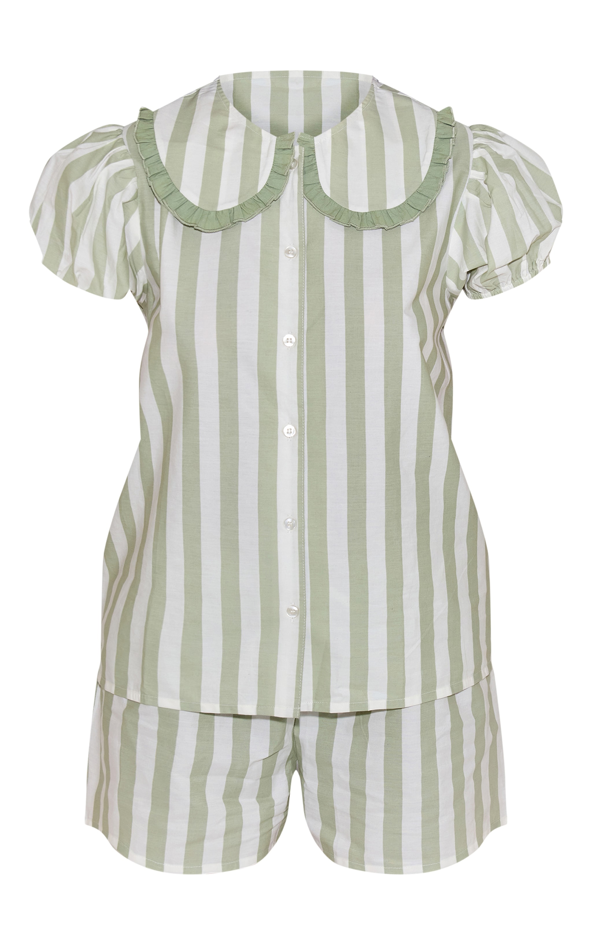 Sage Green Frill Collar Detail Stripe Short Pj Set image 5