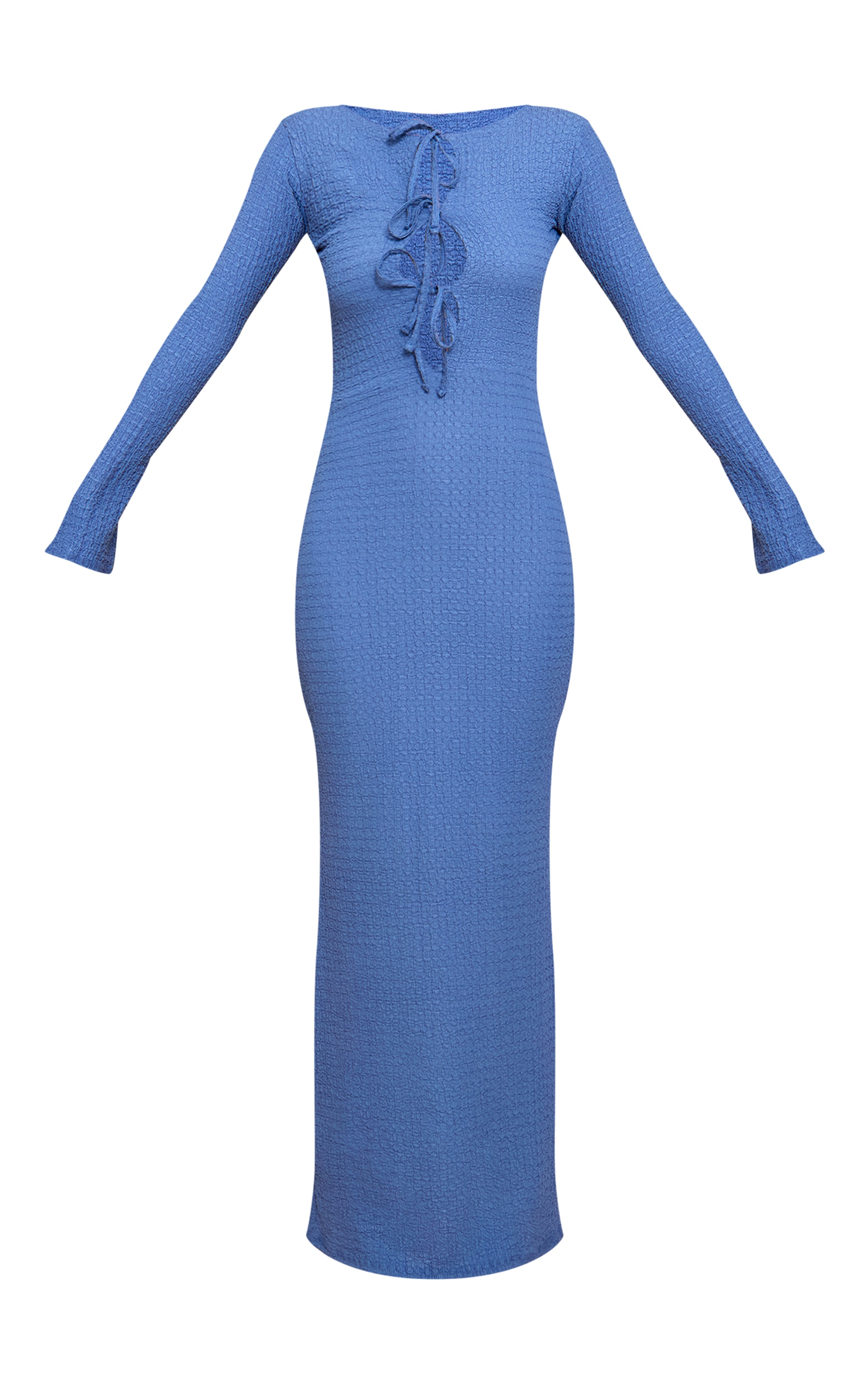 Blue Textured Tie Detail Long Sleeve Maxi Dress image 5