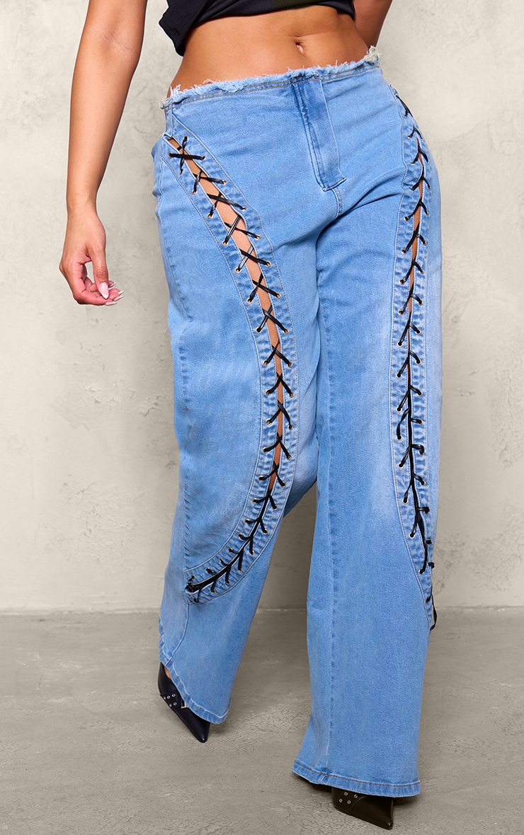 Shape Light Blue Denim Lace Up Front Raw Waist Wide Leg Jeans image 2