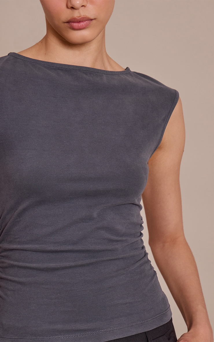 Charcoal Soft Cotton Ruched Side Sleeveless Top image 4