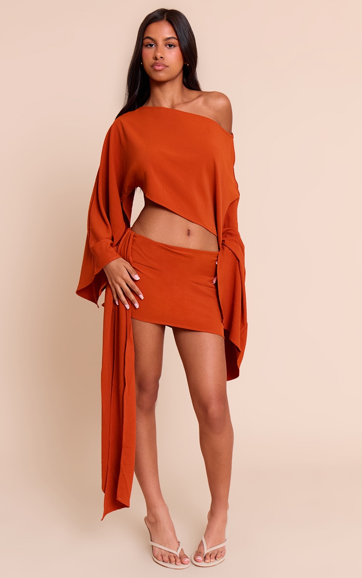 Petite Rust Floaty Woven Slash Neck Long Sleeve Top image 3