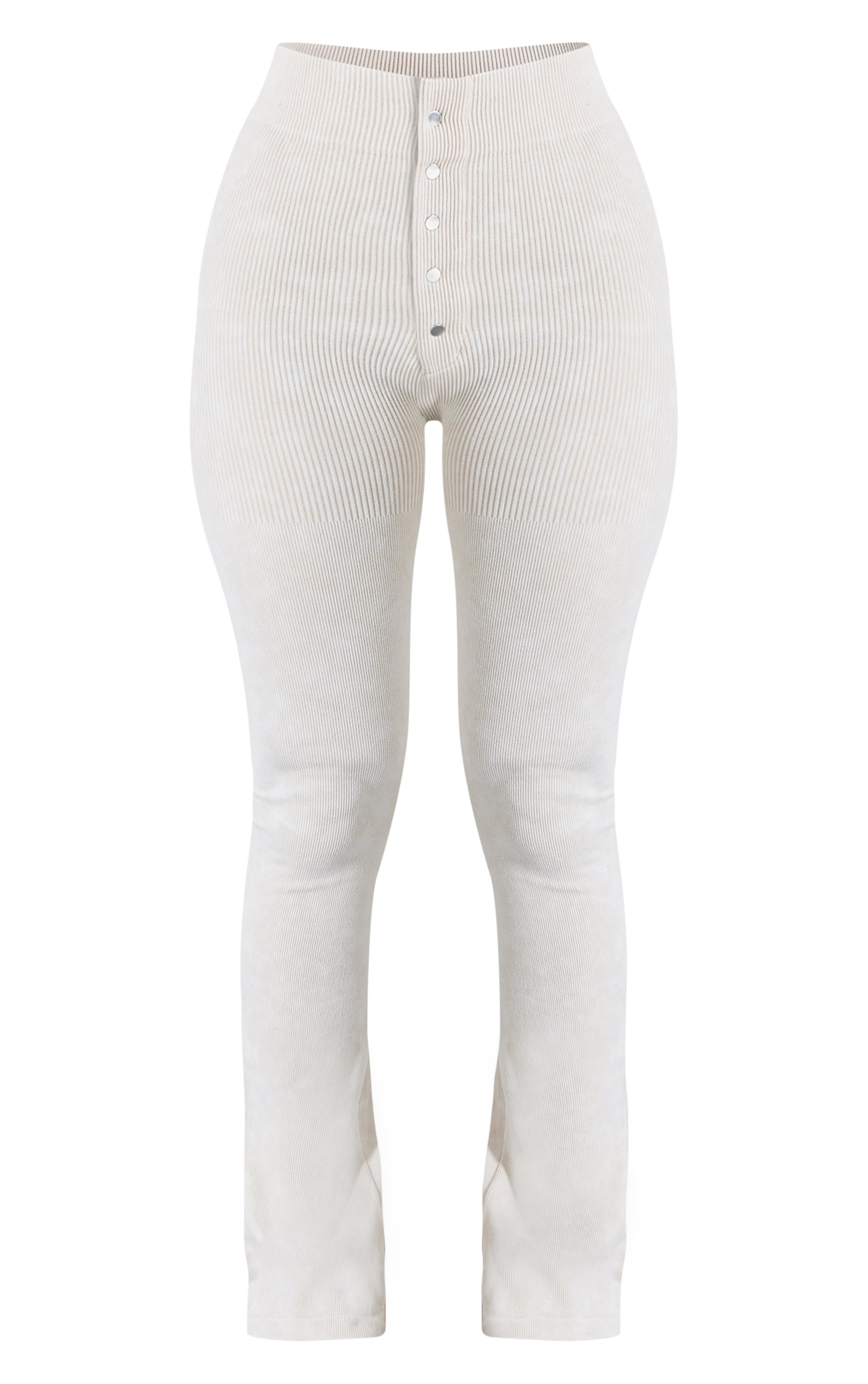 Petite Cream Faded Snatched Rib Button Detail Flared Leggings image 2