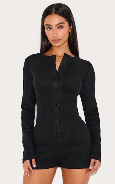 Petite Black Ribbed Long Sleeve Button Up Romper