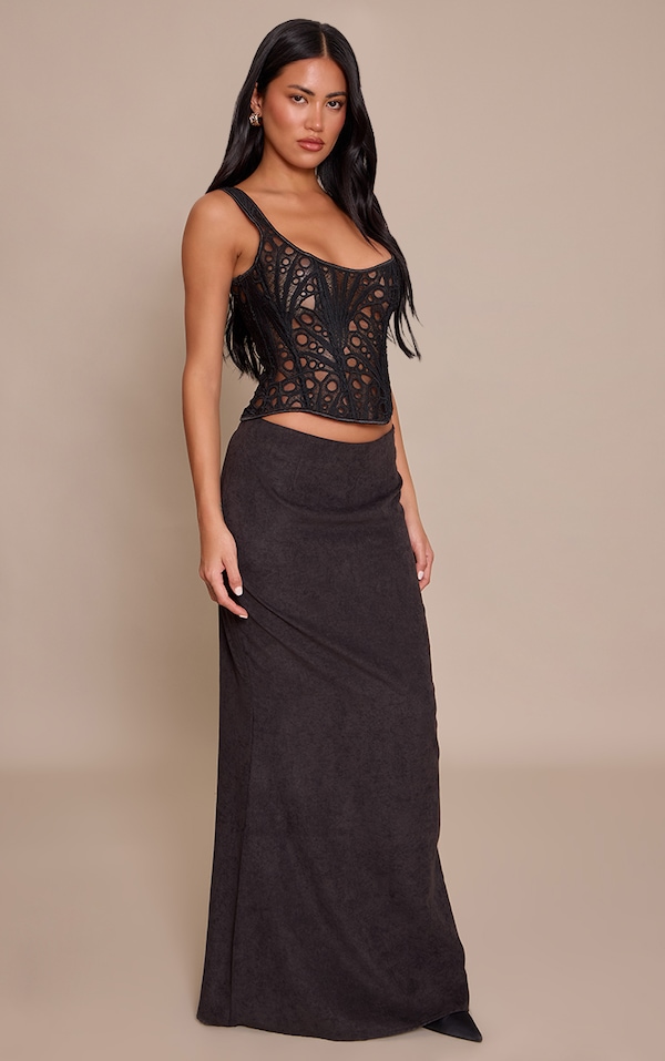 Black Peachskin Fishtail Maxi Skirt