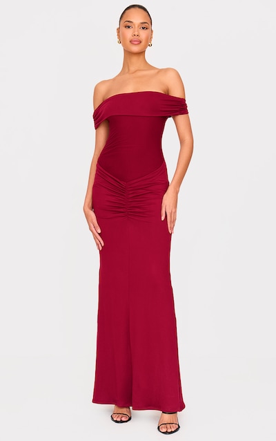 Burgundy Double Contour Bardot Ruched Detail Maxi Dress