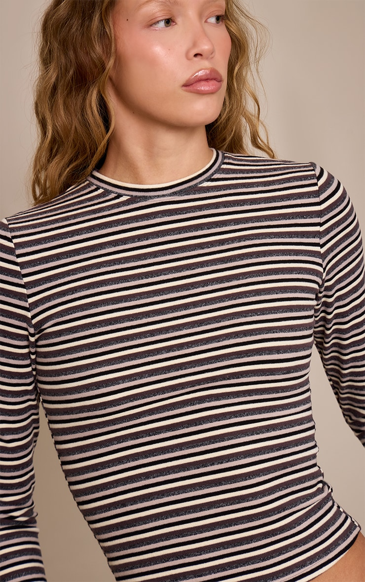 Grey Striped Soft Fleece Long Sleeve Top image 4