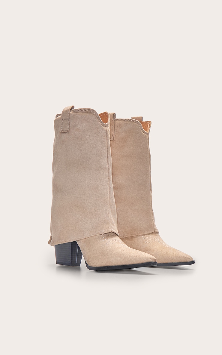 Stone Faux Suede Point Toe Fold Over Western Heeled Ankle Boots image 3