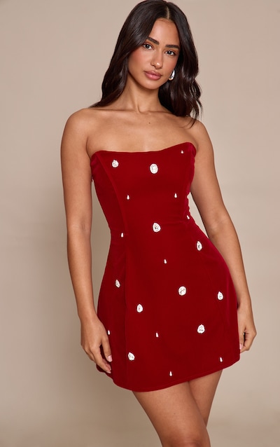 Petite Burgundy Embellished Velour Mini Dress