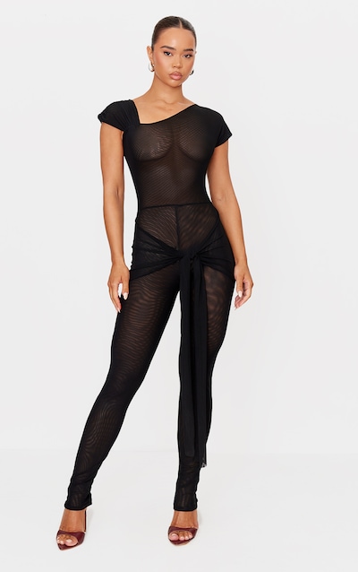 Black Mesh Asymmetric Cap Sleeve Jumpsuit