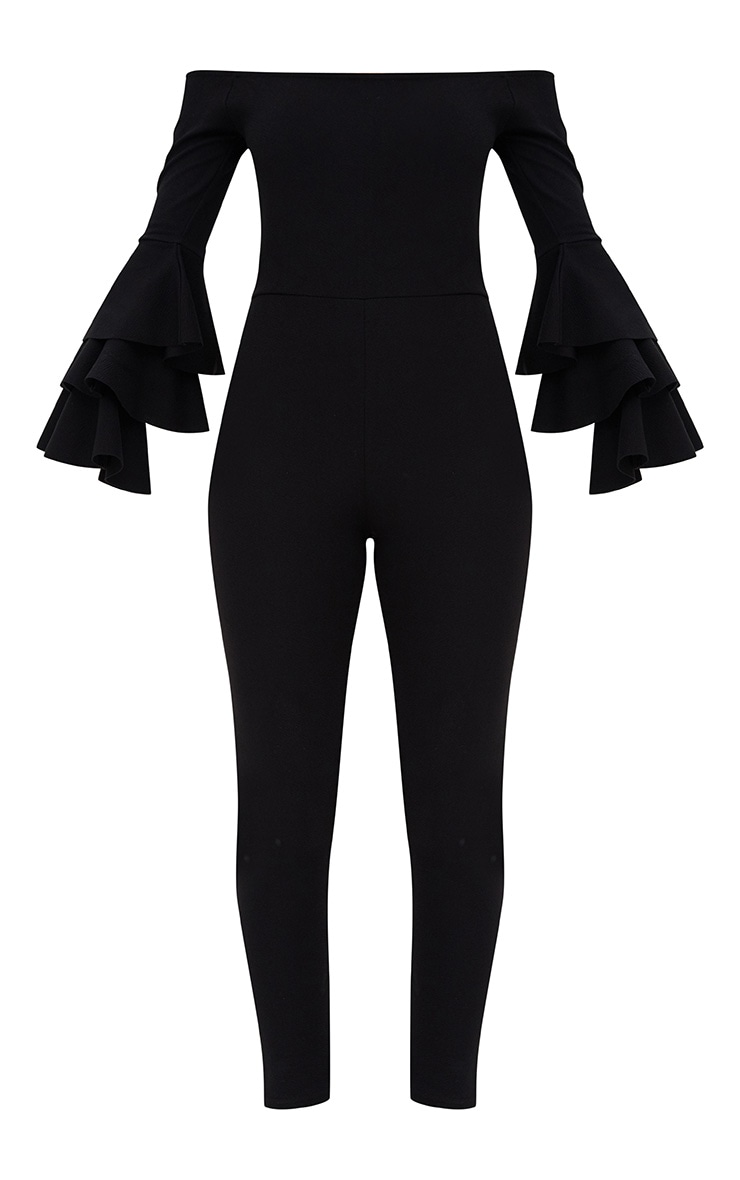 Black Ruffle Layer Sleeve Jumpsuit PrettyLittleThing