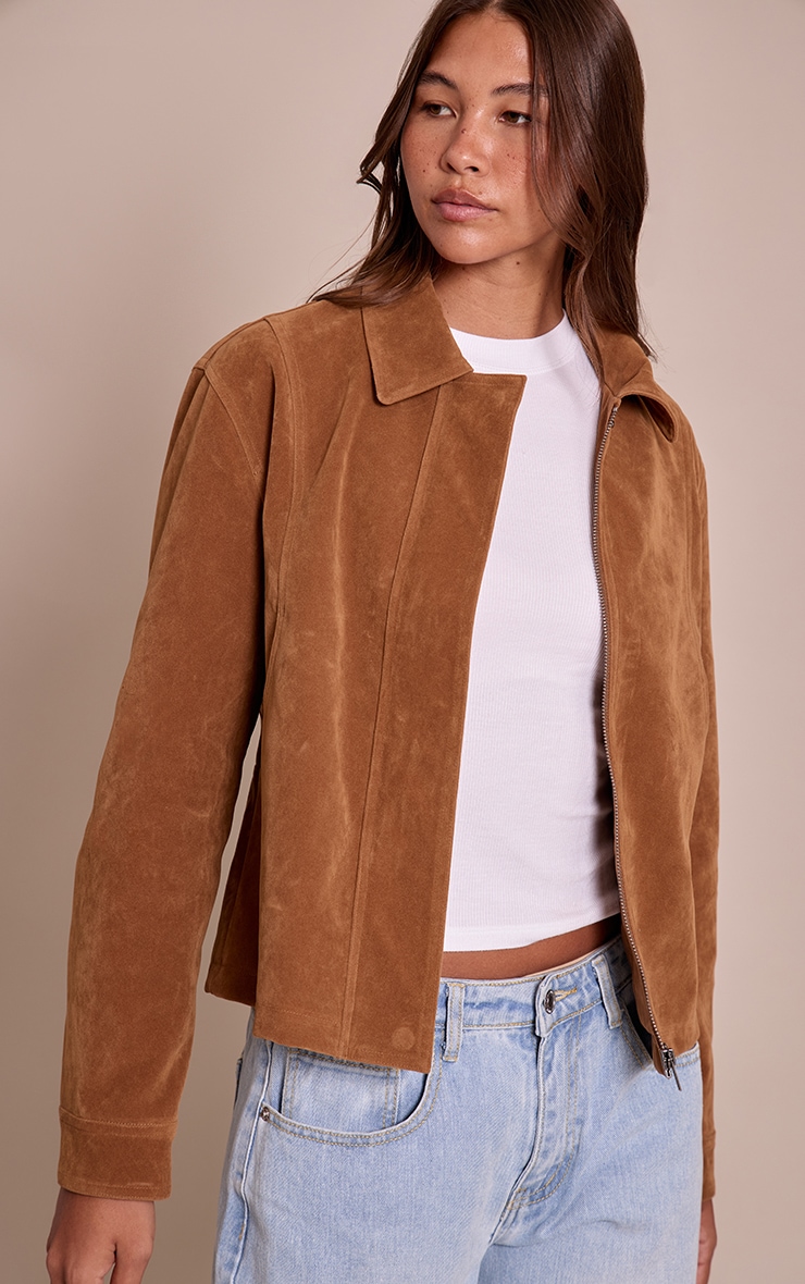 Tan Faux Suede Concealed Placket Bomber Jacket image 2
