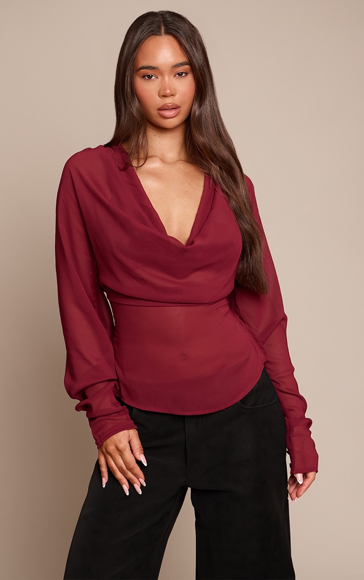 Plum Chiffon Cowl Neck Long Sleeve Blouse image 1