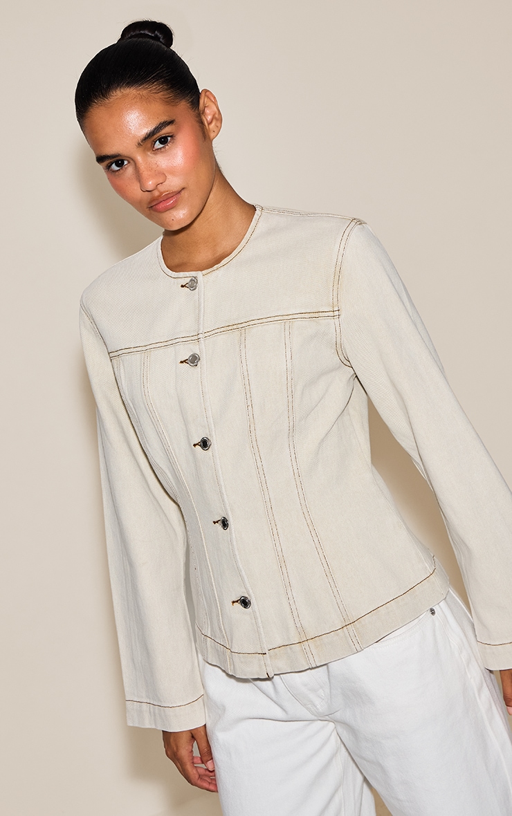 Washed Stone Cinched Long Sleeve Denim Jacket image 1